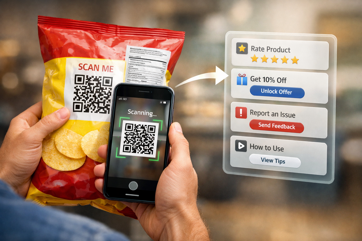Customer scanning QR on product packaging